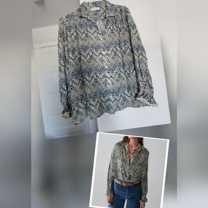 Maison Hotel Blue Biege Gold Long Sleeve Career Blouse Sz Large